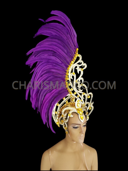 Purple Gold Mardi Gras Feathers Carnival Headdress