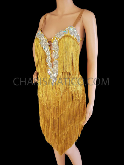 Dazzling Gold Glam Salsa Latin Dance Exquisite Fringe Crystallized Dress