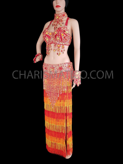 Aesthetically Pleasing Belly Dancing Costume In Orange And Red