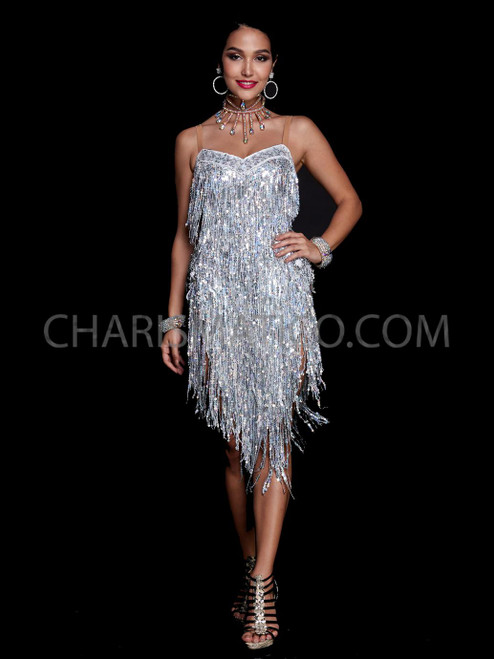 Sexy Silver Backless Latin Dance Dress with Rhinestone and Sequin Tassels