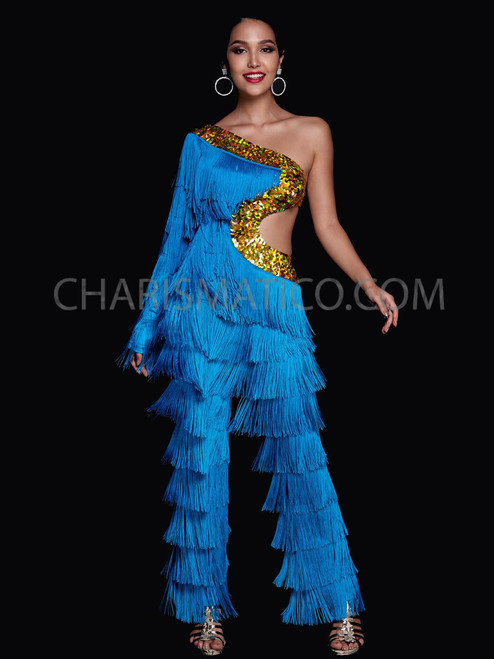 Stunning Blue Fringe Dance Pants with 