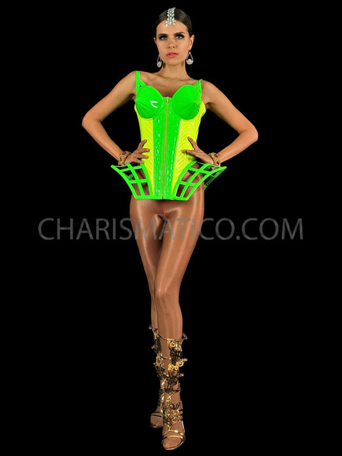 Two Tone Neon Green Shiny Quilted Vinyl Gaga Diva Corset