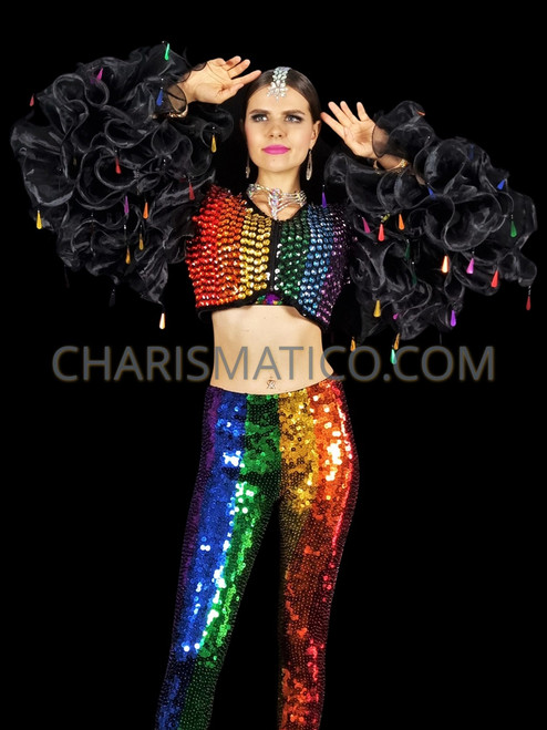 Black Ruffled Organza Sleeved Rainbow 
