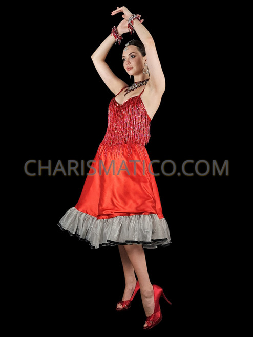 Fancy Sequin and Beaded Fringe Cancan Dress with Ruffled Under Skirt