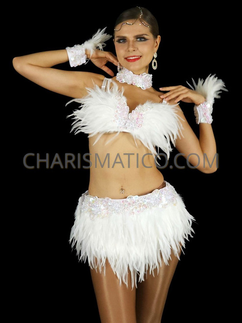 Angelic Showgirl Iridescent White Feather Bra And Skirt Set