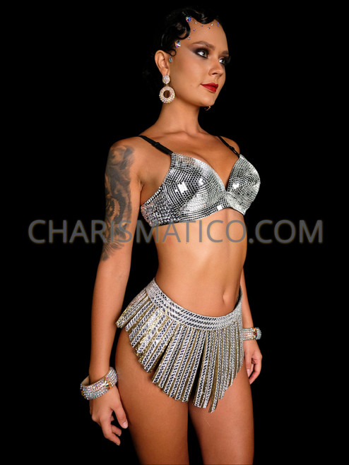 Shimmery Mirror Disco Ball Silver Bra and Skirt set
