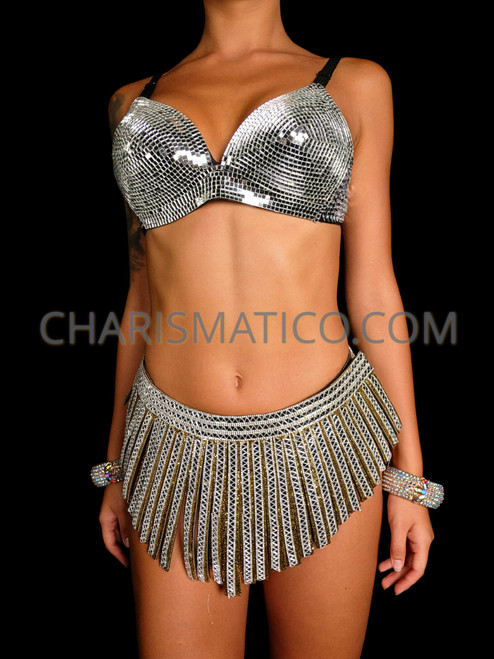 Shimmery Mirror Disco Ball Silver Bra and Skirt set