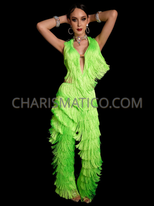 Neon Green 'Dancing with The Star' Fringe Pants Jumpsuit