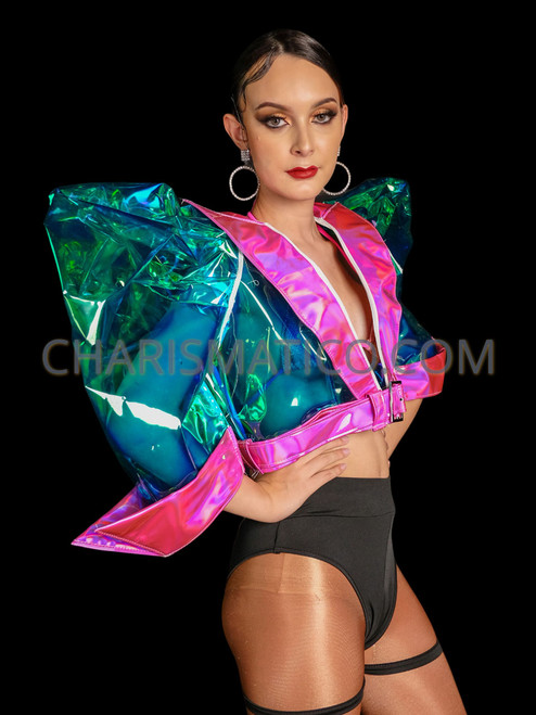 Cosmic Chrome Vinyl Puffy Sleeves Bolero Jacket