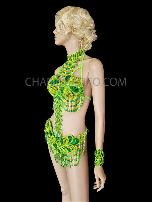 Green Sequin Floral Patterned Samba Gogo Bra And Matching Thong