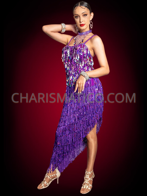Dramatic Diva Asymmetric Purple Sequin Fringe Drag Dress
