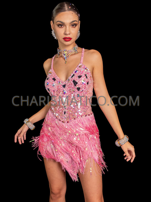 Sparkle Pink Tassel Fringe Salsa Dance Dress