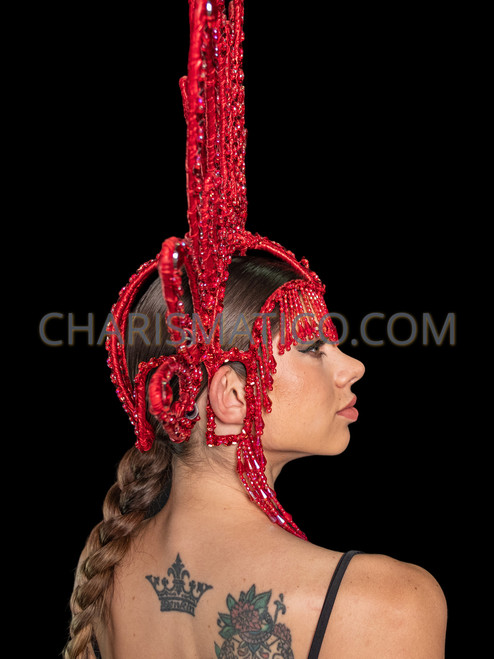 Red Cher-Inspired Beaded Fringe Cabaret Headdress