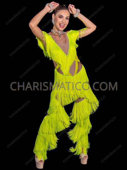 Neon Yellow V Neckline Drag Queen Fringe Dance Jumpsuit