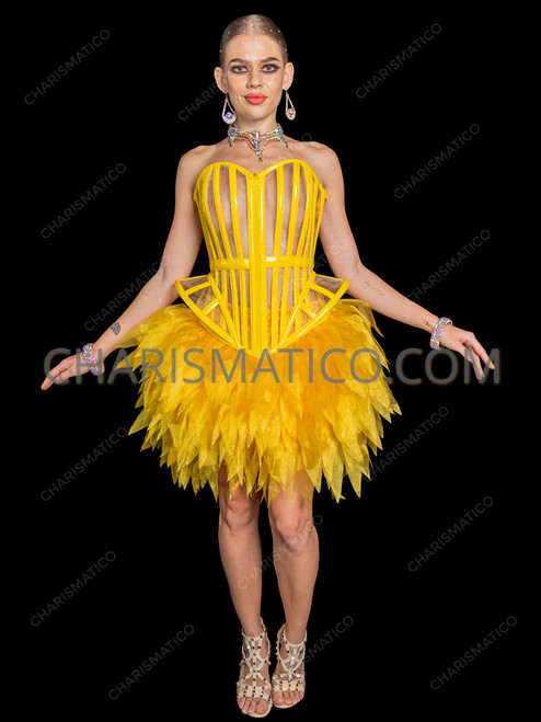 Yellow Showgirl Stardust Corset with Feather Organza Skirt