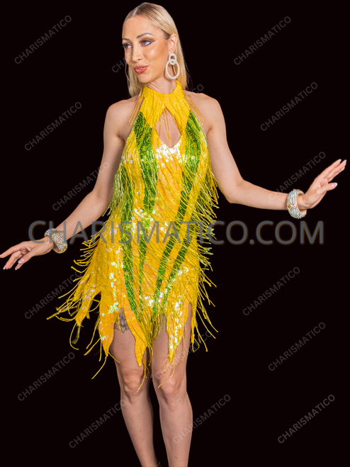 Yellow High-Neck Beaded Fringe Drag Queen Dress Yellow High-Neck Beaded Fringe Drag Queen Dress