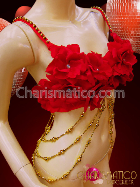 Paso Doble Red Rose Covered Spanish Flamenco Bra With Gold Bead Details