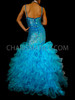 Blue Glitter Sequin Slit Drag Queen Organza Ruffle Boa Accented Gown