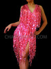 V-Necked Thigh Slit Sequin Tasseled Fuchsia Latin Mambo Dance Dress