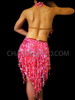 V-Necked Thigh Slit Sequin Tasseled Fuchsia Latin Mambo Dance Dress