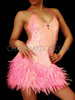 Halter Style Pink Salsa Latin Dress With Iridescent Sequins And Feathers