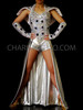 Corset Style Iridescent Sequined Silver Futuristic Paso Doble Dress With Gauntlet Bracelets