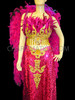 Fuchsia And Gold Drag Queen Arabian Feathered Bra + Sequin Skirt + Boa Backpack