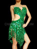 Deep Green Sequin Fringe Salsa Dance Dress With Applique Top
