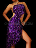 Asymmetrical Hem, Swishy Sequined Intense Purple Fringe Latin Dance Dress