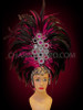 Tall Fuchsia Feather Showgirl's Headdress Accented With Beads And Gemstones