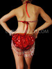 Showgirl Diva's Peek-A-Boo Fiery Red Sequined Dance Leotard With Fringe