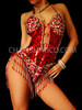 Showgirl Diva's Peek-A-Boo Fiery Red Sequined Dance Leotard With Fringe