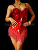 Showgirl's Fiery Red Sequin Dance Dress With Seed Beaded Fringe