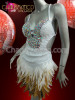 Bejeweled White Sequined Latin Salsa Dress With Natural Feathered Skirt
