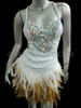 Bejeweled White Sequined Latin Salsa Dress With Natural Feathered Skirt