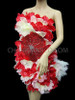 Red And White Hibiscus Flower Accented Studded Satin Feather Dress