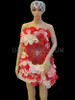 Red And White Hibiscus Flower Accented Studded Satin Feather Dress
