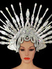 Silver Glitter Halo-Styled Spiked Headdress With Iridescent Crystals And Mirrors