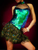 Green And Blue Sequined Corset Illusion Dress With Peacock Feathers