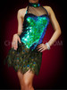 Green And Blue Sequined Corset Illusion Dress With Peacock Feathers