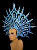 Glittery Blue Spiky Headdress With Iridescent Crystals And Mirror Accents