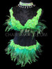 Vivid Green Beaded Bra With Feather Trim And Matching Belt