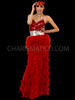 Red And Silver Sequin Accented Corset-Styled Feathered Diva's Column Gown