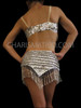 Punk Sequined Spike Embellished Silver Bra Top And Matching Belt Skirt
