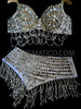 Punk Sequined Spike Embellished Silver Bra Top And Matching Belt Skirt