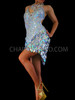 Halter Style Latin Dance Dress With Iridescent Silver Diamond Sequins