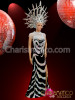 Zebra stripe sequin pageant gown, white necklace and silver headdress