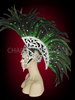 Male Sized Officer's Mohawk Headdress In Silver With Green and Black Feathers