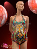 Highly jeweled multi-color rainbow red, amber, and teal leotard