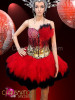 ShowGIRL Burlesque Gold sequined crystal corset with red feathers skirt